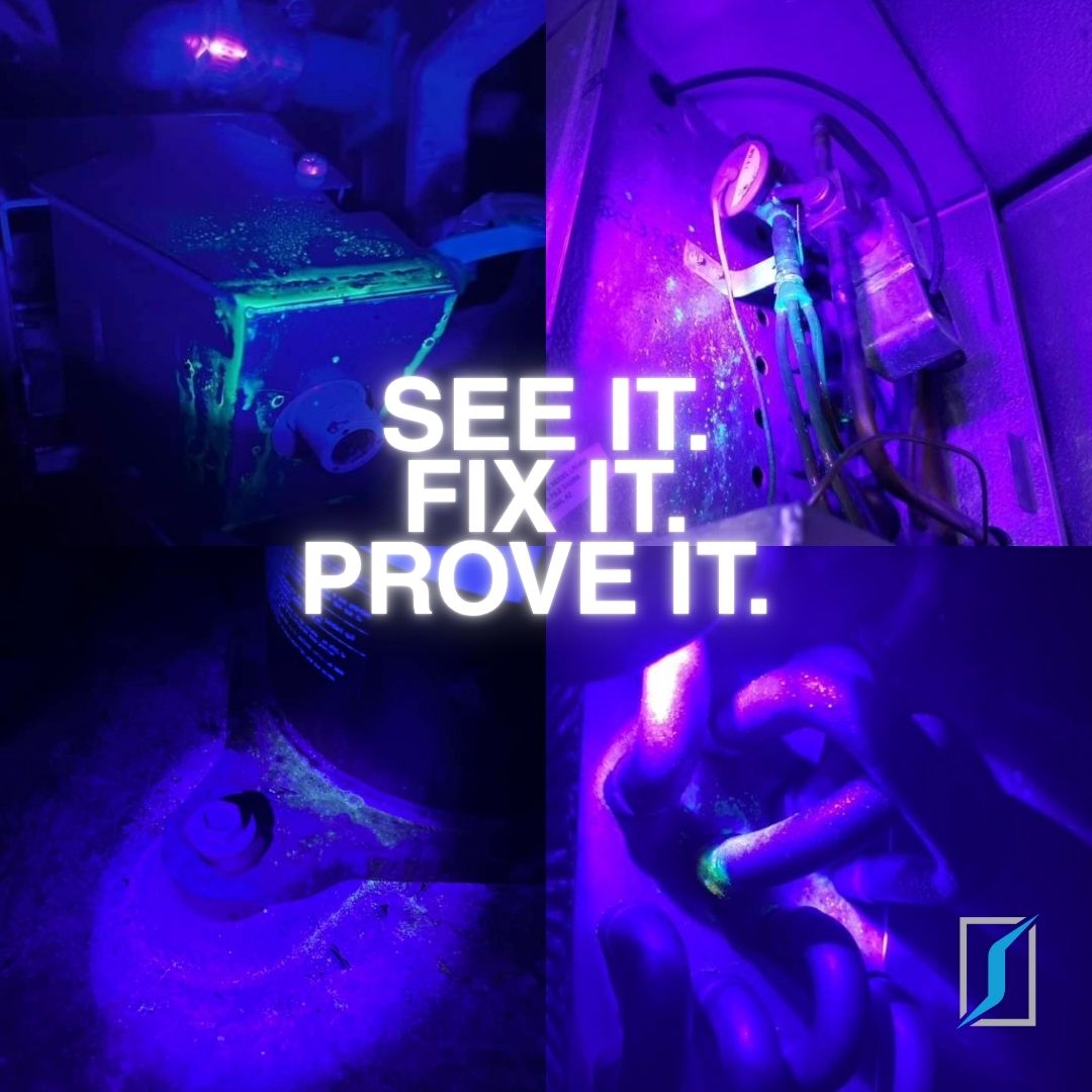 Collage aus Anwendungsaufnahmen der Lecksuche mit UV von Spectroline, ergänzt durch den Slogan „Sehen. Beheben. Nachweisen.“